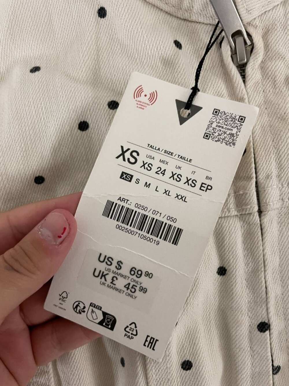 Zara Womens Denim Jacket XS Cream blue Polka Dot Long Sleeve NWT - Picture 6 of 14